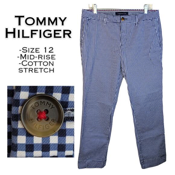 Tommy Hilfiger Stretch Career Pants 12 Blue White Gingham Check Mid Rise Cotton - Picture 1 of 12